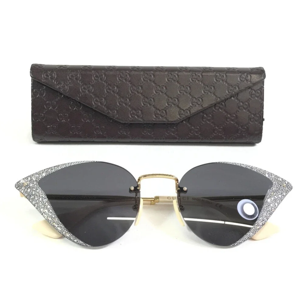 Gucci Sunglasses GG0898S 001 Gold Cat Eye Crystal Frames with Gray Lenses